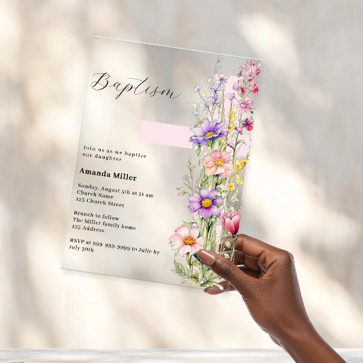 Invitations En Acrylique Fleurs roses croix fille claire Baptême