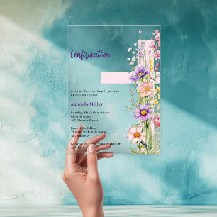 Invitations En Acrylique Fleurs roses croix fille Confirmation claire