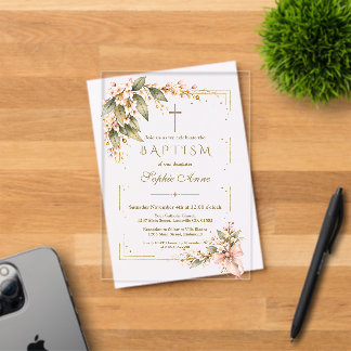 Invitations En Acrylique Fleurs Roses de Luxe Cadre Paillettes Dorées Baptê