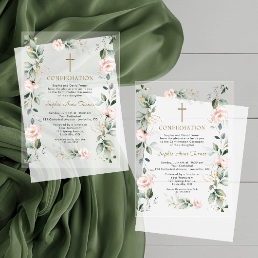 Invitations En Acrylique Fleurs roses élégantes Confirmation de verdure or