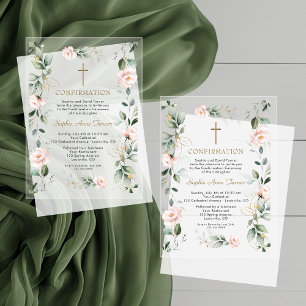 Invitations En Acrylique Fleurs Roses Élégantes Confirmation Or Feuillage