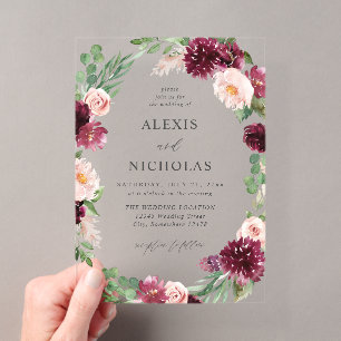 Invitations En Acrylique Fleurs roses et bordeaux 7 Mariage