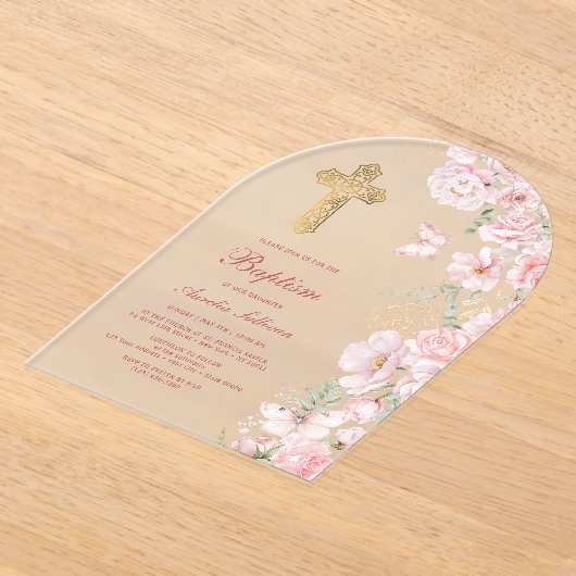 Invitations En Acrylique Fleurs roses et papillons Arch Baptême (Poser)