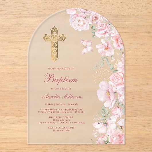 Invitations En Acrylique Fleurs roses et papillons Arch Baptême (Recto)