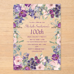 Invitations En Acrylique Fleurs roses et violettes pour 100e anniversaire
