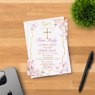 Invitations En Acrylique Fleurs roses Fille Papillon Première Communion sai