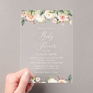 Invitations En Acrylique Fleurs roses, Fleurs blanches, Boho, Baby shower