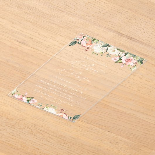 Invitations En Acrylique Fleurs roses, Fleurs blanches, Boho, Sweet 16 (Poser)