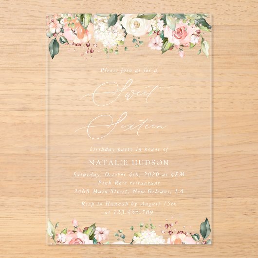 Invitations En Acrylique Fleurs roses, Fleurs blanches, Boho, Sweet 16 (Recto)