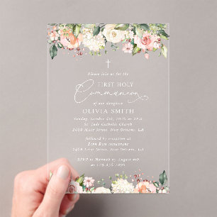 Invitations En Acrylique Fleurs roses, fleurs blanches, Première communion