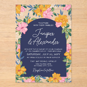 Invitations En Acrylique Fleurs roses jaunes luxuriantes Mariage bleu foncé
