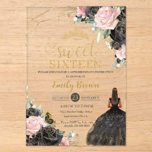 Invitations En Acrylique Fleurs Roses Noir Rose Floral Tan Princesse Sweet