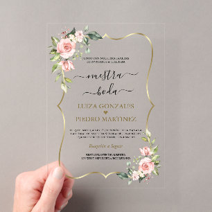Invitations En Acrylique Fleurs roses or calligraphie espagnole Nuestra Bod