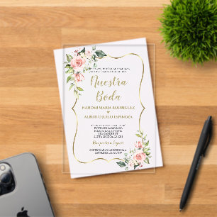 Invitations En Acrylique Fleurs Roses Or Espagnol Notre Mariage Calligraphi