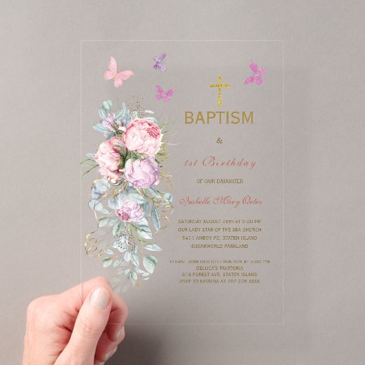 Invitations En Acrylique Fleurs roses Papillon Baptême (In situ (ordinateur de poche))