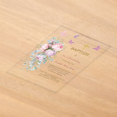 Invitations En Acrylique Fleurs roses Papillon Baptême (Poser)