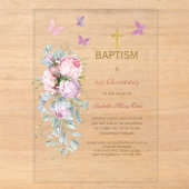 Invitations En Acrylique Fleurs roses Papillon Baptême (Recto)