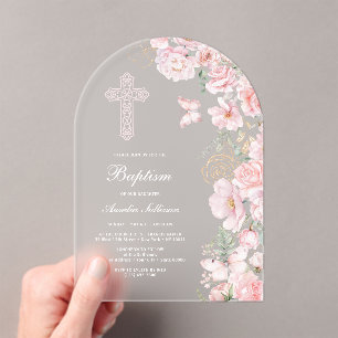 Invitations En Acrylique Fleurs roses papillons Arche Baptême
