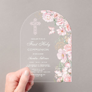 Invitations En Acrylique Fleurs roses papillons Arche Première communion