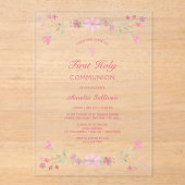 Invitations En Acrylique Fleurs roses Première communion claire (Recto)