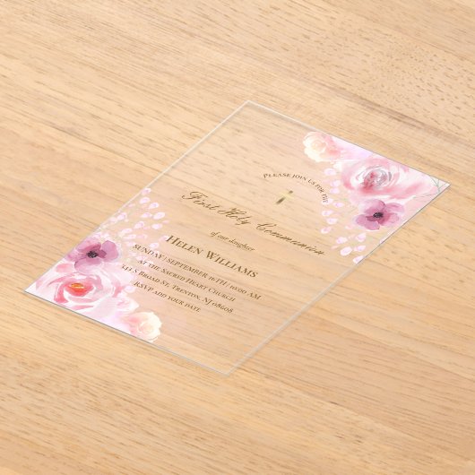 Invitations En Acrylique fleurs roses Première sainte communion (Poser)