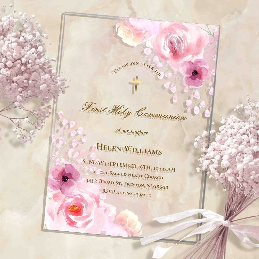 Invitations En Acrylique fleurs roses Première sainte communion