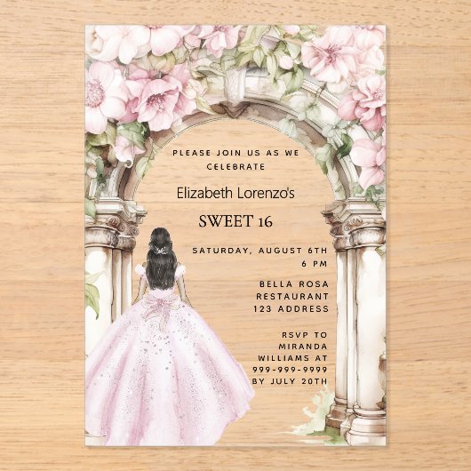 Invitations En Acrylique Fleurs roses robe arche claire Sweet 16 (Recto)