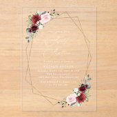 Invitations En Acrylique Fleurs Rouges Bourgogne, Fleurs Roses, Douces 16 (Recto)