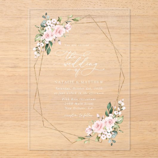 Invitations En Acrylique Fleurs Rouges, Fleurs Roses, Verdure, Mariage (Recto)