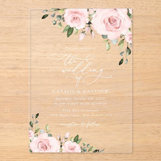 Invitations En Acrylique Fleurs Rouges, Fleurs Roses, Verdure, Mariage (Recto)