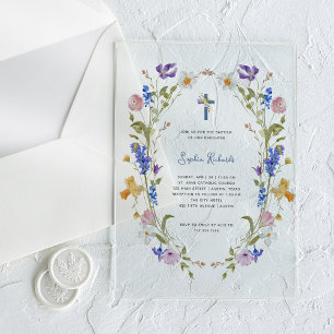 Invitations En Acrylique Fleurs sauvages et papillons Baptême photo arriè