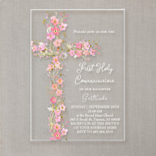Invitations En Acrylique fleurs sauvages roses croisent la première sainte 