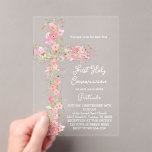 Invitations En Acrylique fleurs sauvages roses croisent la première sainte<br><div class="desc">acrylique transparente première communion sainte invitation</div>