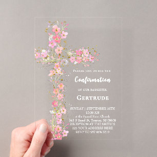 Invitations En Acrylique fleurs sauvages roses croix Confirmation