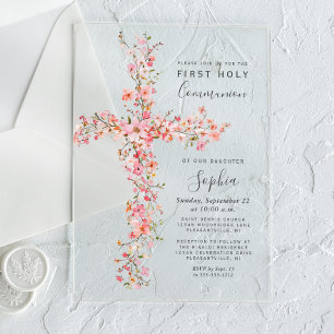 Invitations En Acrylique Fleurs sauvages roses croix florale Première Commu