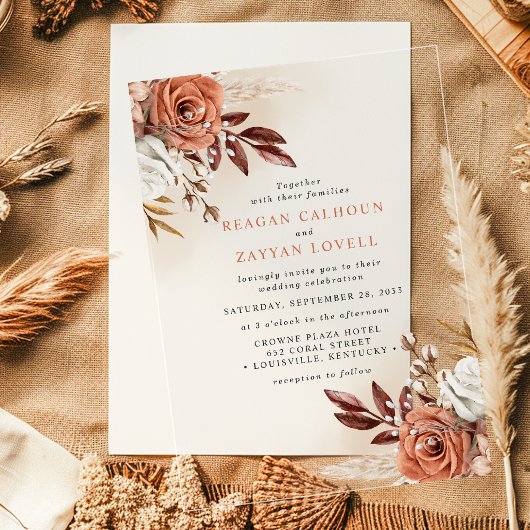 Invitations En Acrylique Fleurs Terracotta Rustiques et Mariage au Herbe de