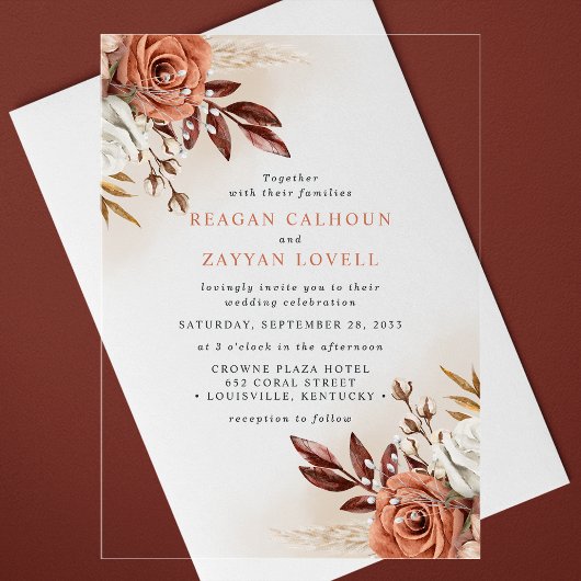 Invitations En Acrylique Fleurs Terracotta Rustiques et Mariage au Herbe de