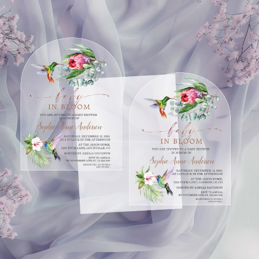 Invitations En Acrylique Fleurs tropicales des colibris Fille bébé en fleur