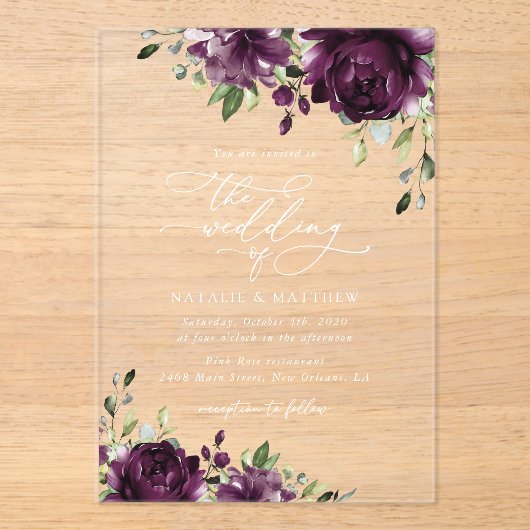 Invitations En Acrylique Fleurs violettes, Fleurs de prunes, Boho, Mariage  (Recto)