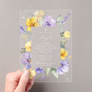 Invitations En Acrylique Fleurs violettes, Fleurs jaunes, Bohème, Baptême
