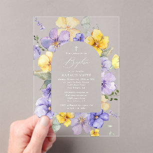 Invitations En Acrylique Fleurs violettes, Fleurs jaunes, Bohème, Baptême