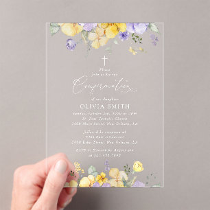 Invitations En Acrylique Fleurs violettes, Fleurs jaunes, Bohème, Confirmat