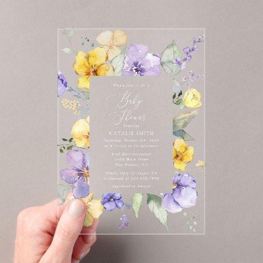 Invitations En Acrylique Fleurs violettes, Fleurs Jaunes, Boho, Baby shower (In situ (ordinateur de poche))