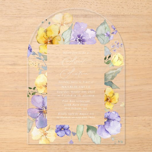 Invitations En Acrylique Fleurs violettes, Fleurs Jaunes, Boho, Sweet 16 (Recto)
