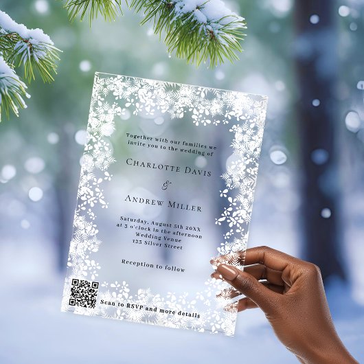 Invitations En Acrylique Flocons de neige mariage QR code RSVP clair hiver