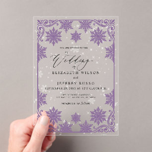 Invitations En Acrylique Flocons de neige Violet Élégant Mariage d'Hiver