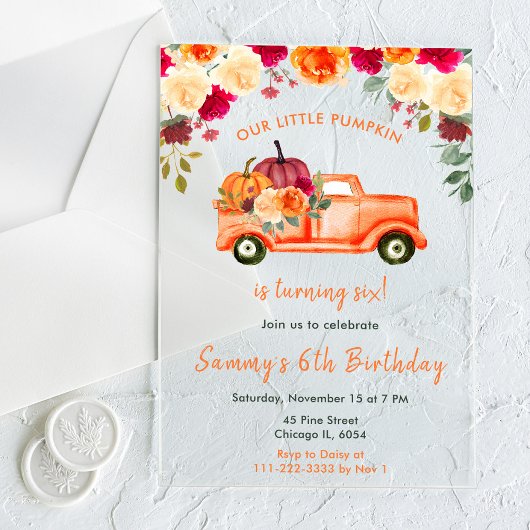 Invitations En Acrylique Floral Automne Citrouille Camion fête d'anniversai