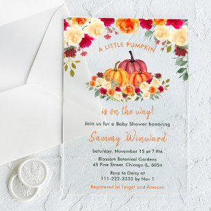 Invitations En Acrylique Floral Automne Orange Baby shower Citrouille