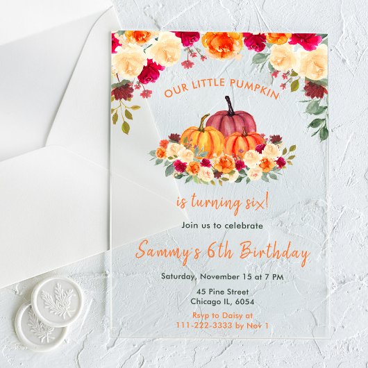 Invitations En Acrylique Floral Automne Orange Citrouille fête d'anniversai