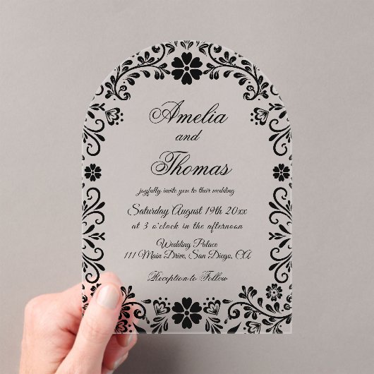 Invitations En Acrylique Floral Black Elegant Wedding (In situ (ordinateur de poche))